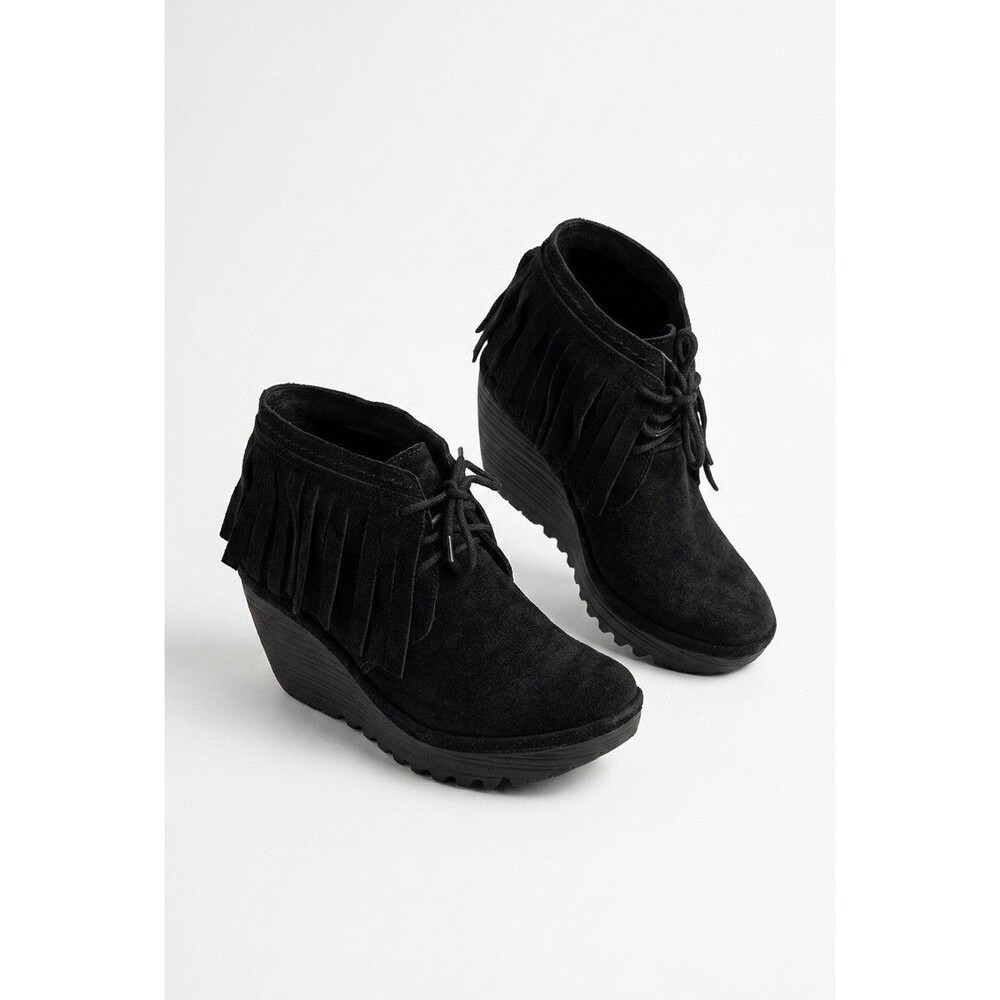 Fly London Yank Black Oil Suede Fringe Wedge Ankle Booties Boots US 7.5 EU 38